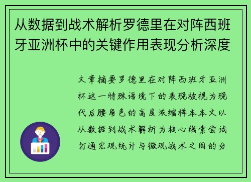 从数据到战术解析罗德里在对阵西班牙亚洲杯中的关键作用表现分析深度